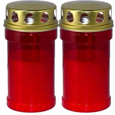 2x rode grafkaarsen/gedenklichten met deksel 14,5 cm 2,5 dagen