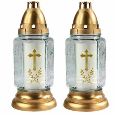 2x stuks grafkaarsen/gedenklichten met deksel wit/goud 11 x 24 cm 3 dagen brandtijd