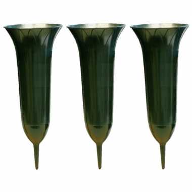 3x groene kunststof grafvazen 31 cm