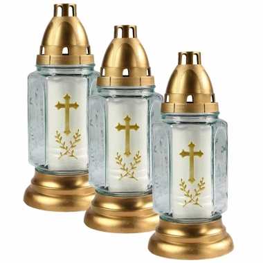 4x stuks grafkaarsen/gedenklichten met deksel wit/goud 11 x 24 cm 3 dagen brandtijd