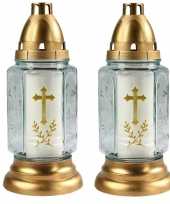 2x stuks grafkaarsen gedenklichten met deksel wit goud 11 x 24 cm 3 dagen brandtijd